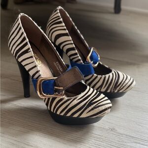 Zebra Print Women's Heels with Blue Belt Accent
